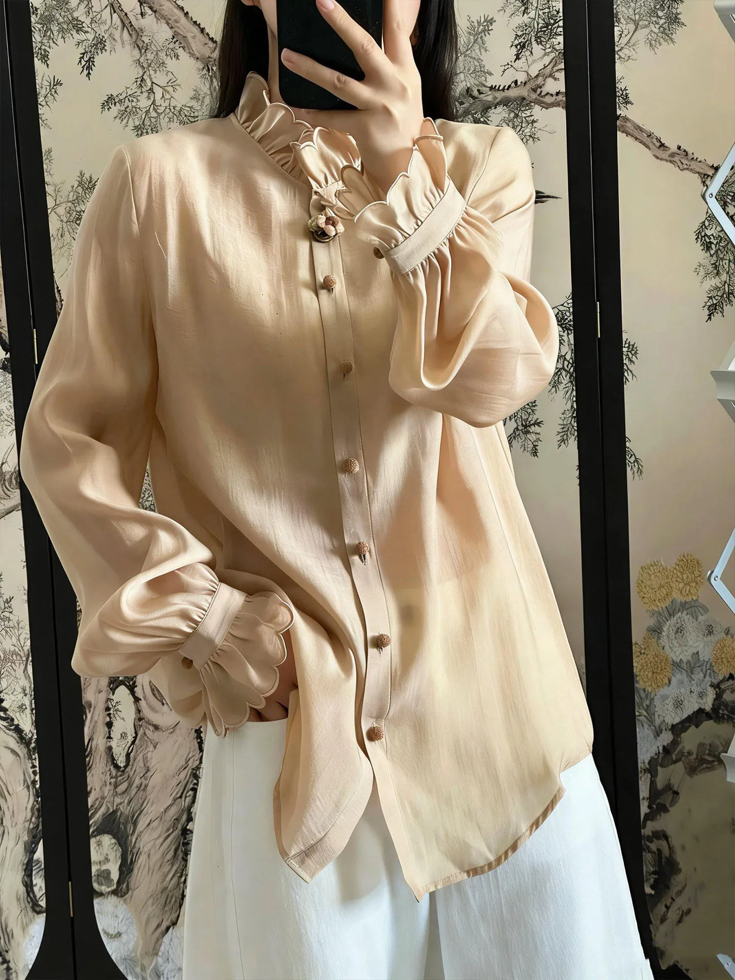 

Ele Women's Bubble Sve irt Soft Sle Peach Color Loose Fit Long Sve Stand Collar Spring New Arrival Gentle Wind