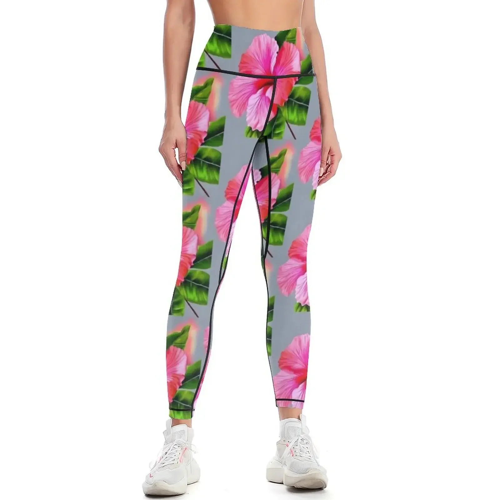 

Pink Hibiscus Tropical Flowers Leggings legging gym sports for gym gym's clothing high waist Womens Leggings
