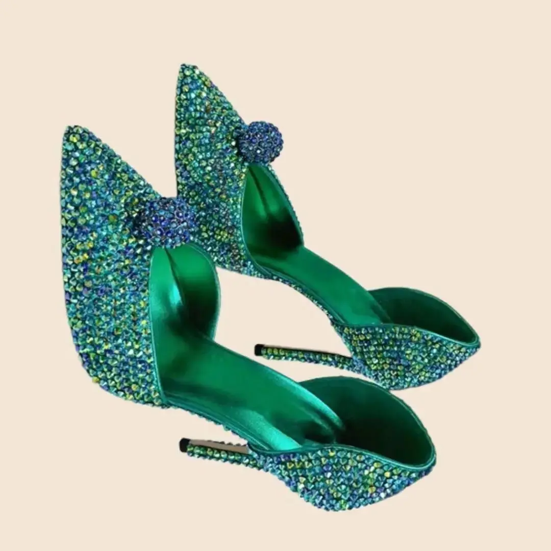 

Зеленые кожаные женские туфли-лодочки со стразами, туфли-лодочки на высоком каблуке-шпильке 8 см, 10 см, 12 см, вечерние туфли без шнуровки с острым носком и закрытым носком