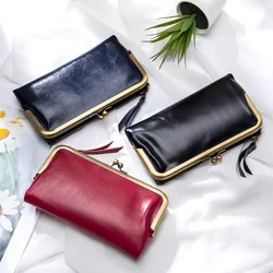 Billeteras de cuero Real para mujer, cartera de mano plegable compacta, monedero con bolsillo con cremallera y bolsillo con cierre de beso