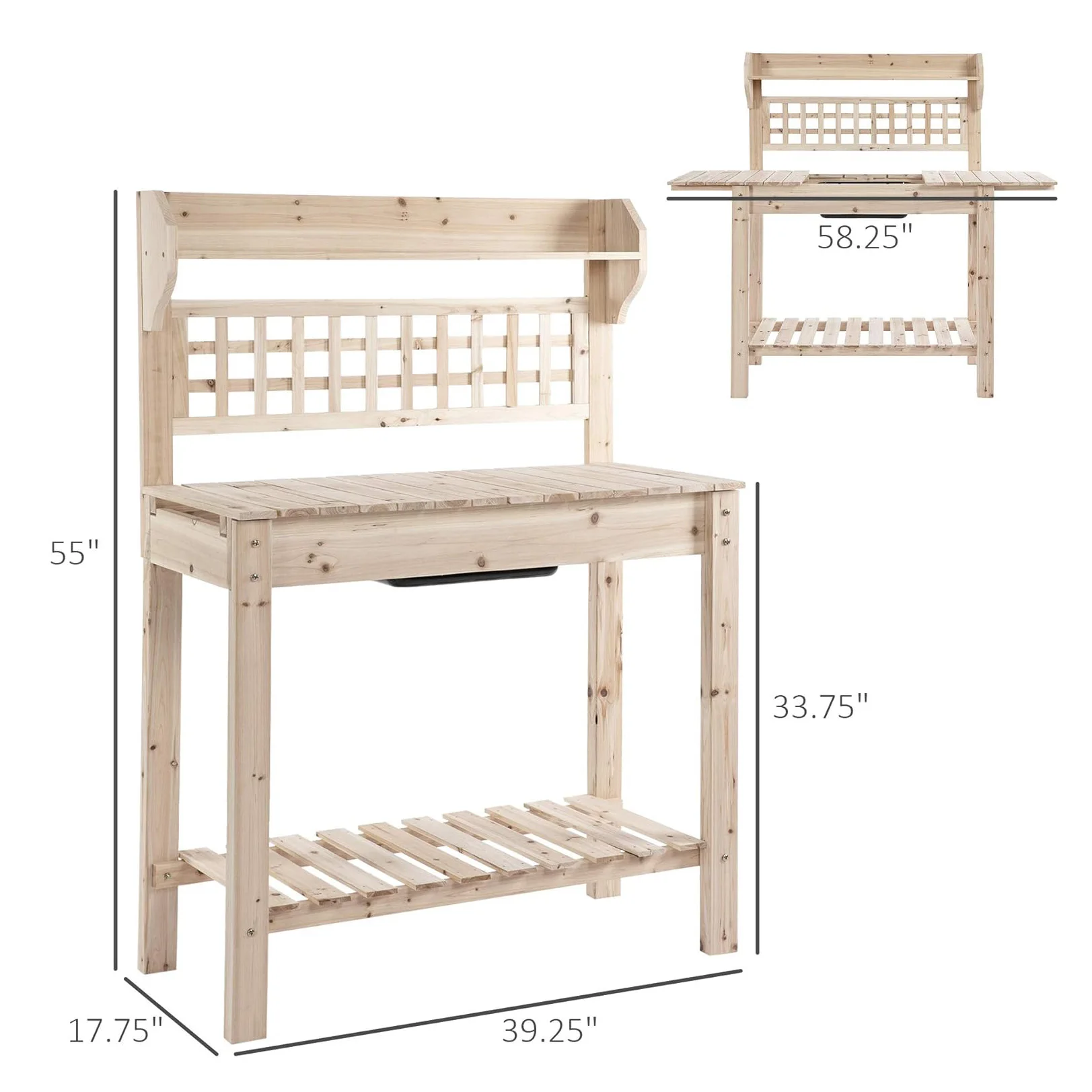 Garden Potting Workstation Wooden Bench with Removable Sink Sliding Tabletop Top Shelf for Patio Courtyard Flower Pots Planters