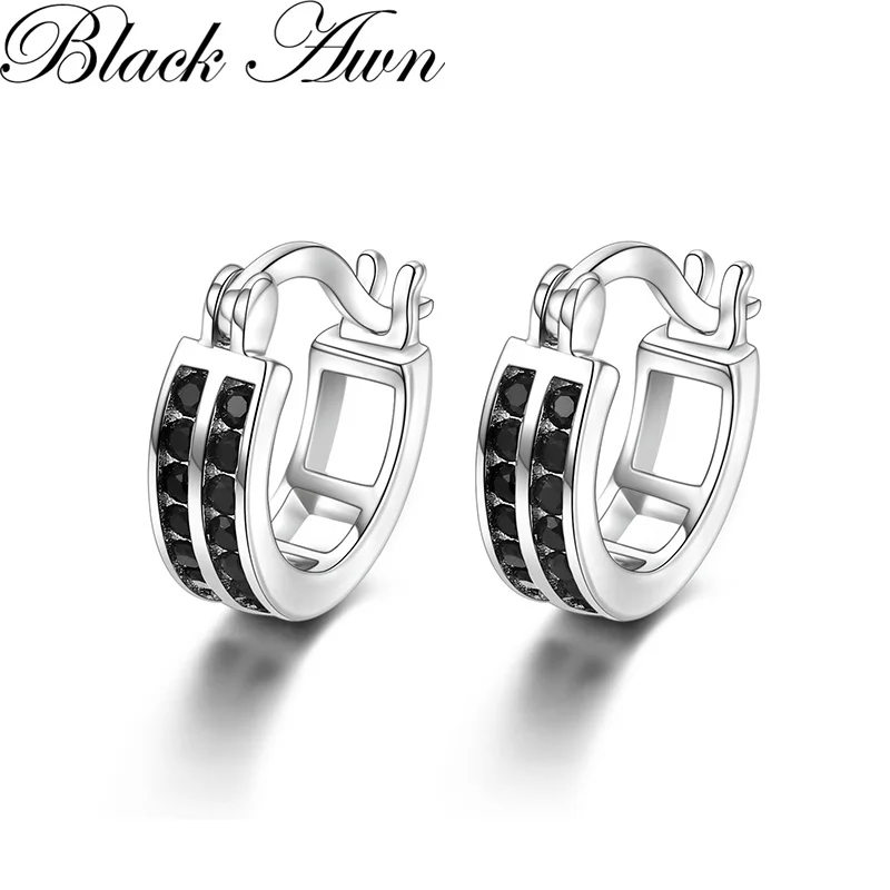 Black Awn Classic Silver Color Round Black Trendy Spinel Engagement Hoop Earrings for Women Jewelry I182