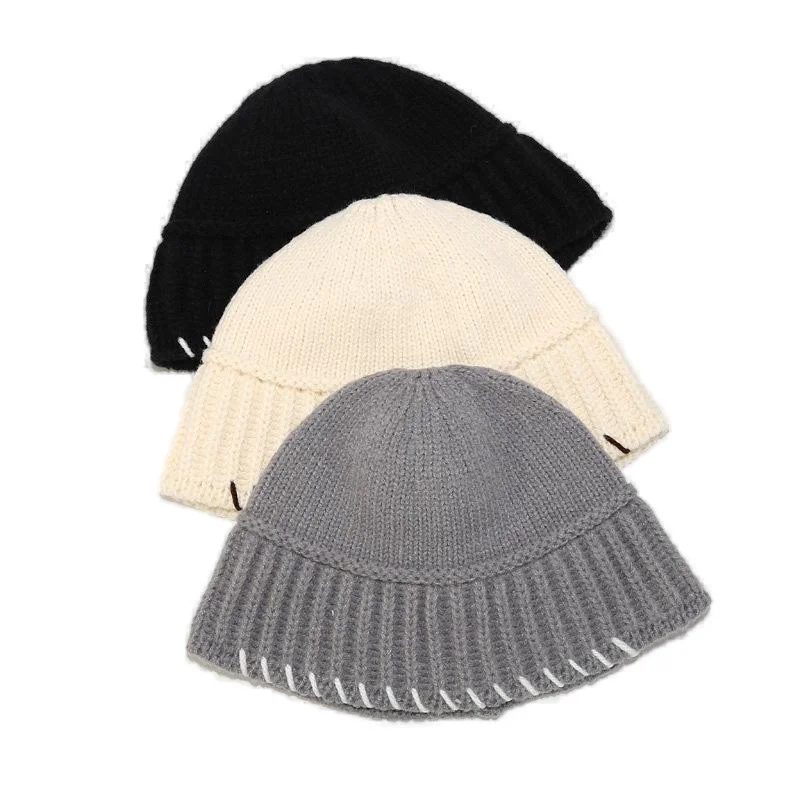 Solid color knitted coarse wool bucket hat autumn and winter retro all-match thickened warm fisherman hat