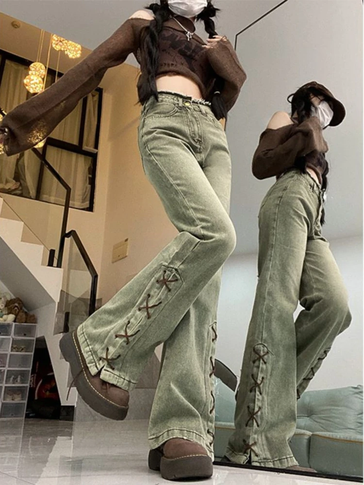 Harajuku Streetwear Y2K Retro Mode Vrouwen Hoge Taille Jeans Groen Ontwerp Wijde Pijpen Rechte Losse Denim Broek Y2K Baggy Broek