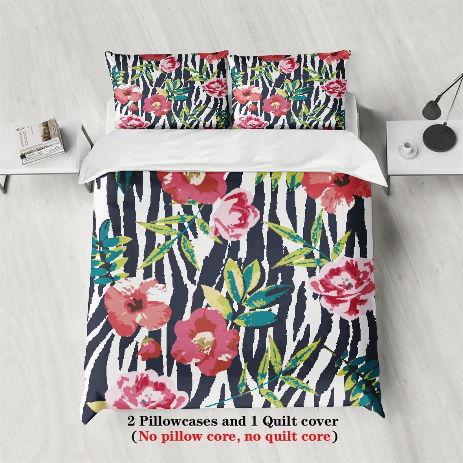 3pcs Floral Zebra Stripe Bedding Sets Modern Style Watercolor Printed Soft Twin Queen King Size Duvet Cover With 2 Pillowcases