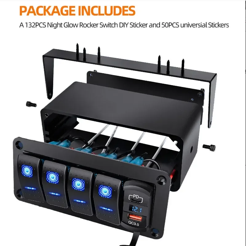 For Car Yacht 6 Position Rocker Switch Control Box Metal Panel USB Voltage Monitor Modification Accessory