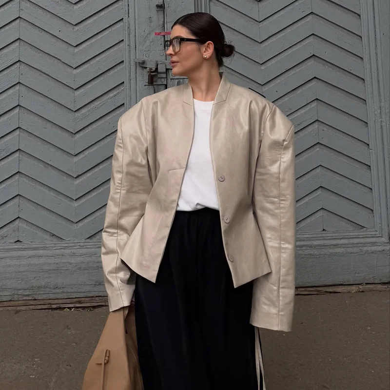 Fashion Solid Faux Leather Women's Jacket Long Sleeved Single Breasted Loose Coat Casual 2026 Autumn Winter High Street Wear 7