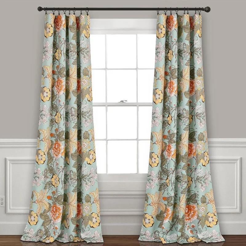 

Sydney Light Filtering Window Curtain Panels, Pair, 52" W x 95" L, Blue & Green - Botanical Garden - Country Cottage Home Decor