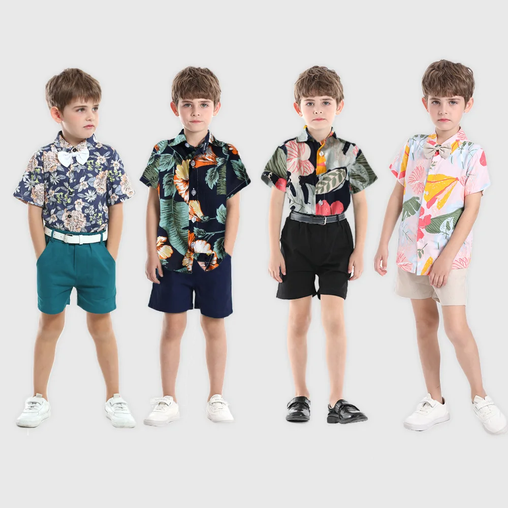 Summer short-sleeved cotton shirt, boys' shorts casual two-piece set foreign trade children's clothing multi-color beach wear