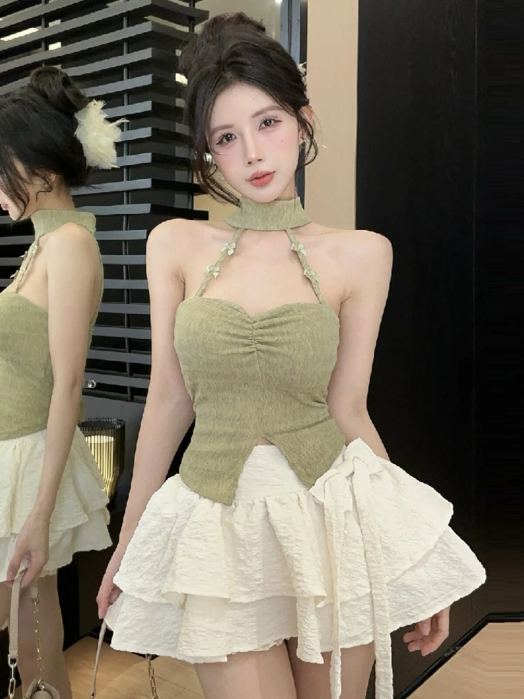 Summer sexy two-piece set women's design sense backless slim fit hanging neck sleeveless strapless+lace-up cake short skirt
