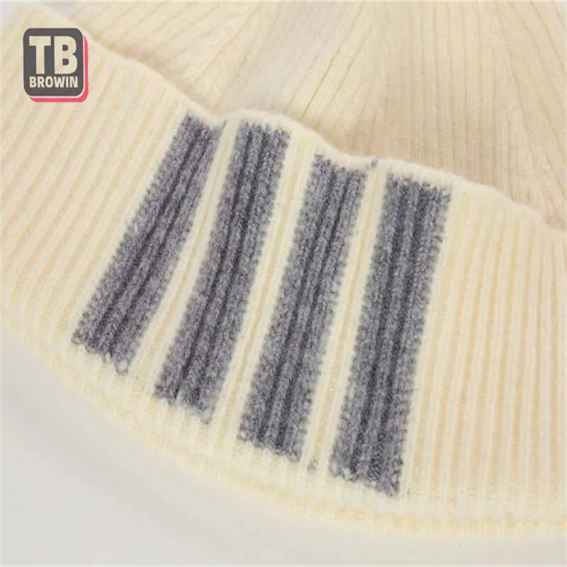 TB BROWIN Men\'s Brand Knitted Hat Four bars Stripe Winter Casual Hip Hop Luxury Women beanie Wool Cashmere Elastic Hats Unisex