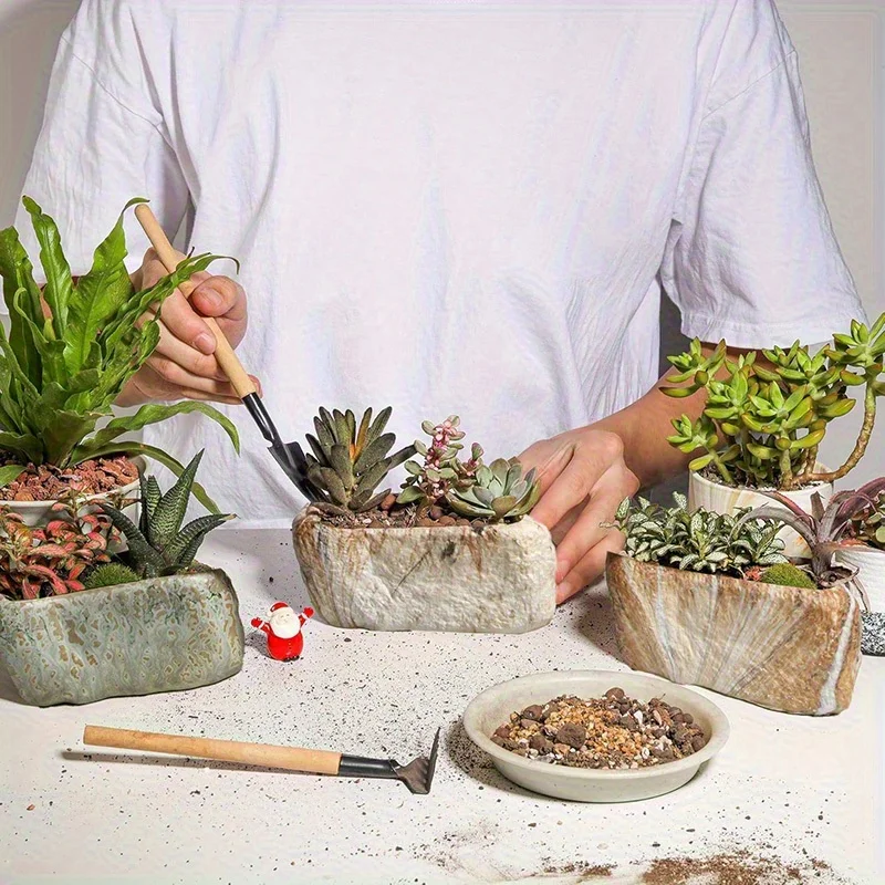 Natural Stone Print Ceramic Planters-Rectangular Succulent& Flower Pots with Drainage Holes Indoor/Outdoor Desktop Decor
