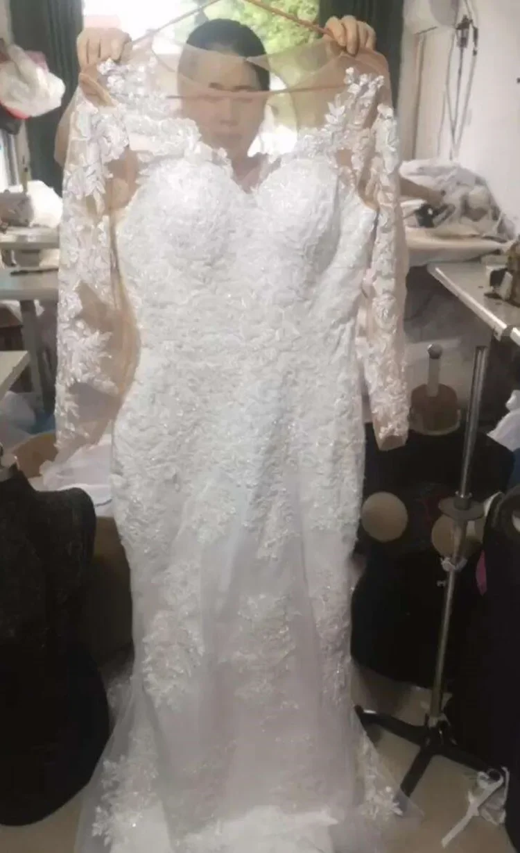 Vestido de casamento personalizado com apliques de renda, robe de casamento, mangas compridas, espartilho, costas, vestidos de noiva com trem destacável