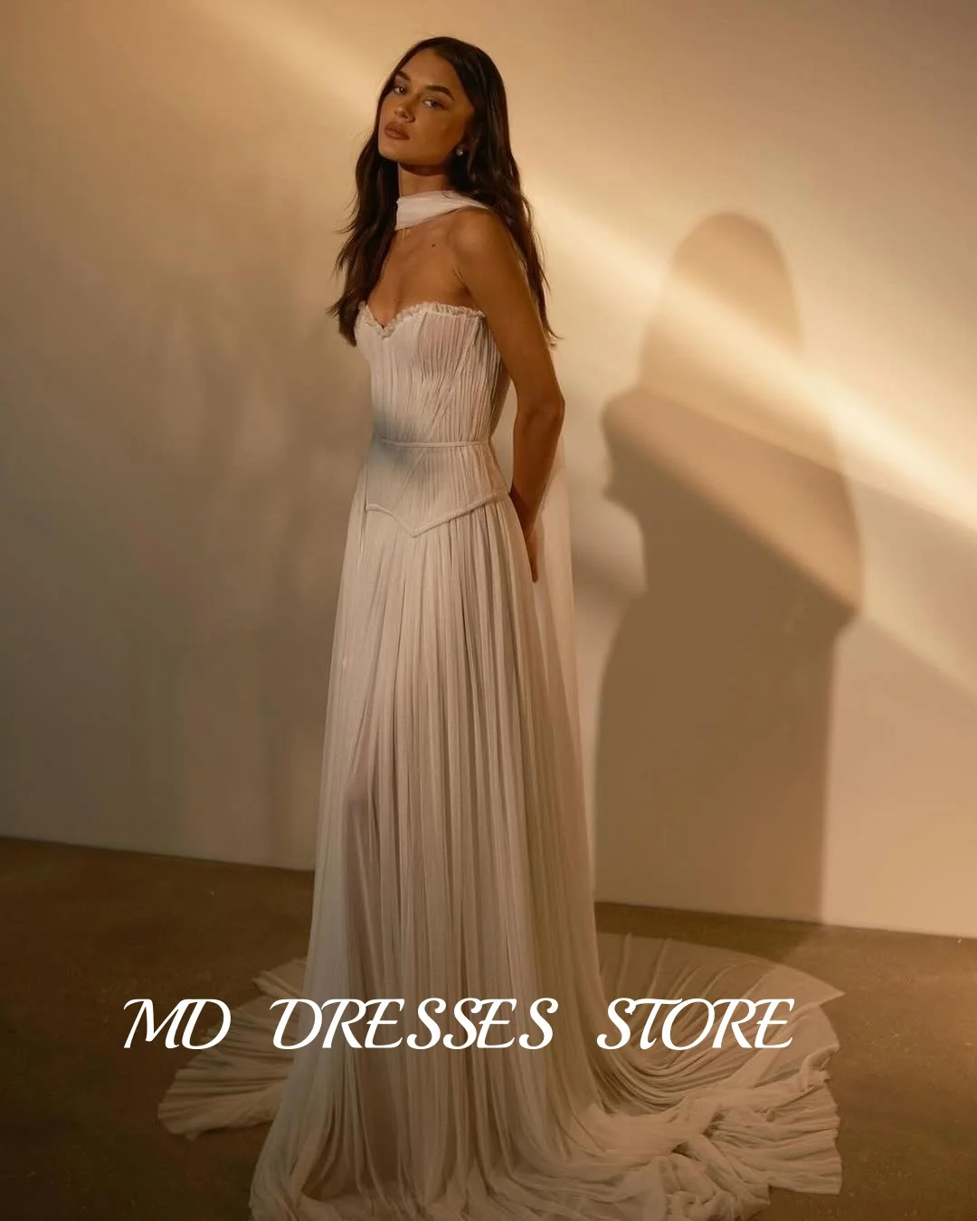 MD-Robe de Mariée Trapèze en Mousseline de Soie, Tenue de Soirée Personnalisée avec Traîne