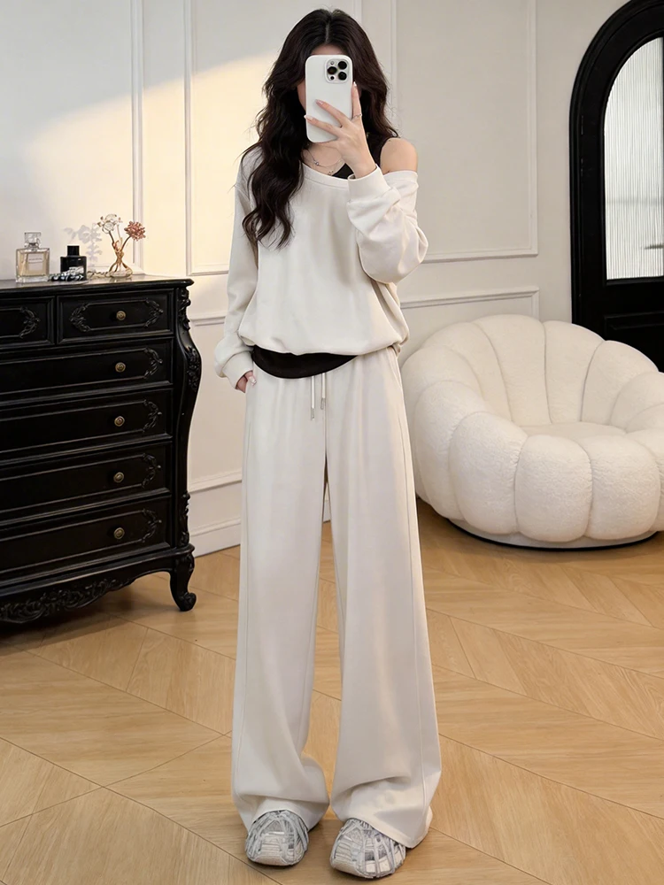 

Ele Faion Set Women's Spring 2026 New Sle Oblique oulder Fake Two-Piece Sweatirt Wide Leg Pants Two-Piece Set