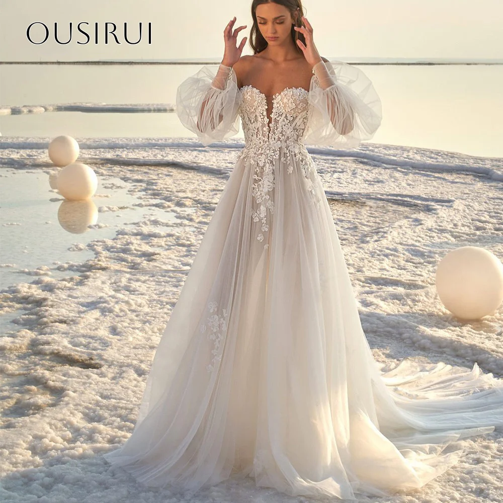 Kant off-shoulder A-lijn bruidsjurk voor bruiloftsfeest Gezwollen lange mouwen Tule Sweep Train Aangepaste vestidos de novia