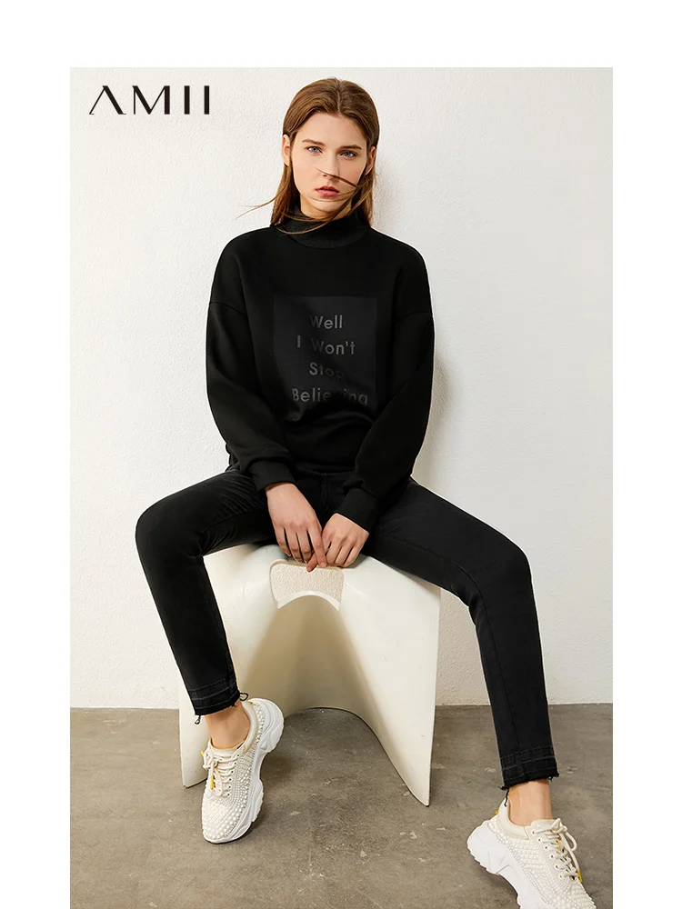 AMII Minimalist Fashion Street Style Printed Fleece Woman Sweatshirts Half High Neck 2025 Autumn New Long Sleeve Top 12424037