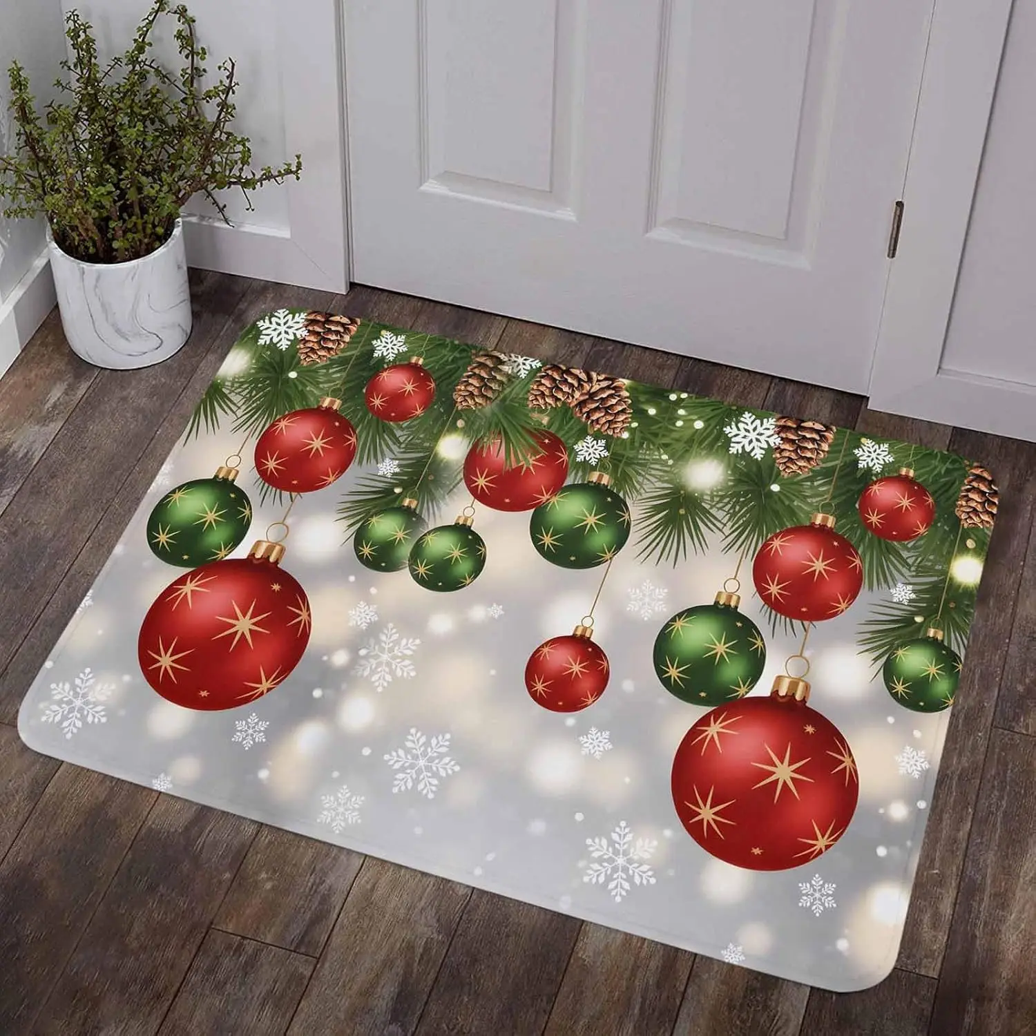 Christmas Red Green Balls Pine Needle Snowflake Doormat Decor Anti-slip Front Door Rug Welcome Mat Christmas Decorations