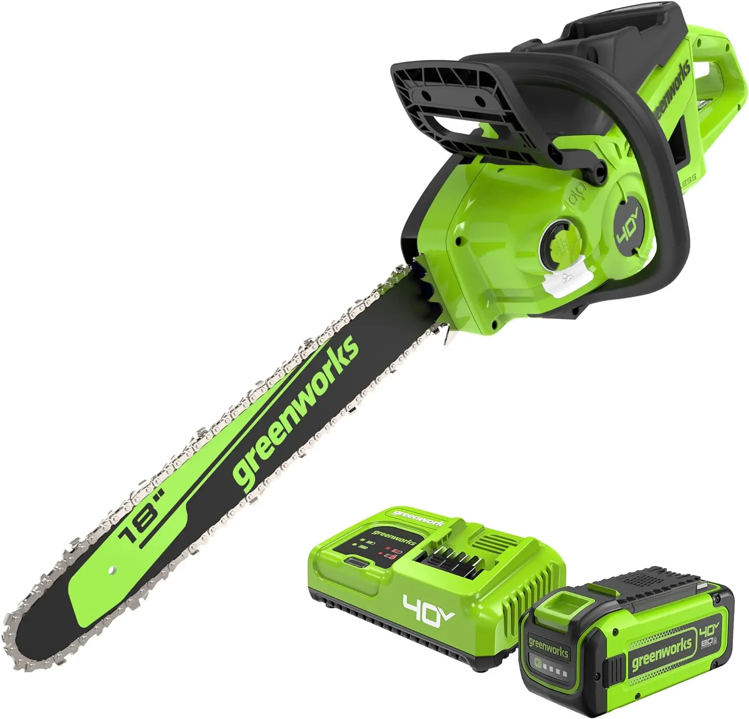 

Greenworks 40V 18" Brushless Cordless Chainsaw (Great For Tree Felling, Limbing, Pruning, and Firewood / 75+ Compatible Tools)