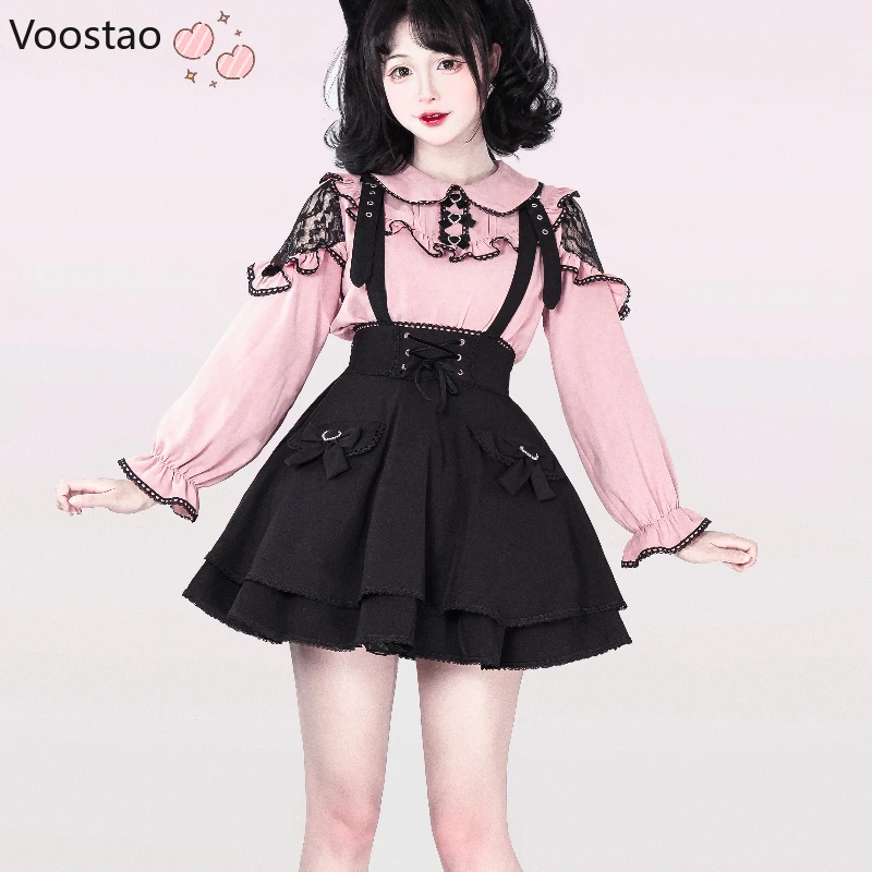 Kawaii Lolita Style Skirt Set Y2k Japanese Women Sweet Lace Ruffles Long Sleeve Blouses Short Suspender Skirt Suit Korean Sets