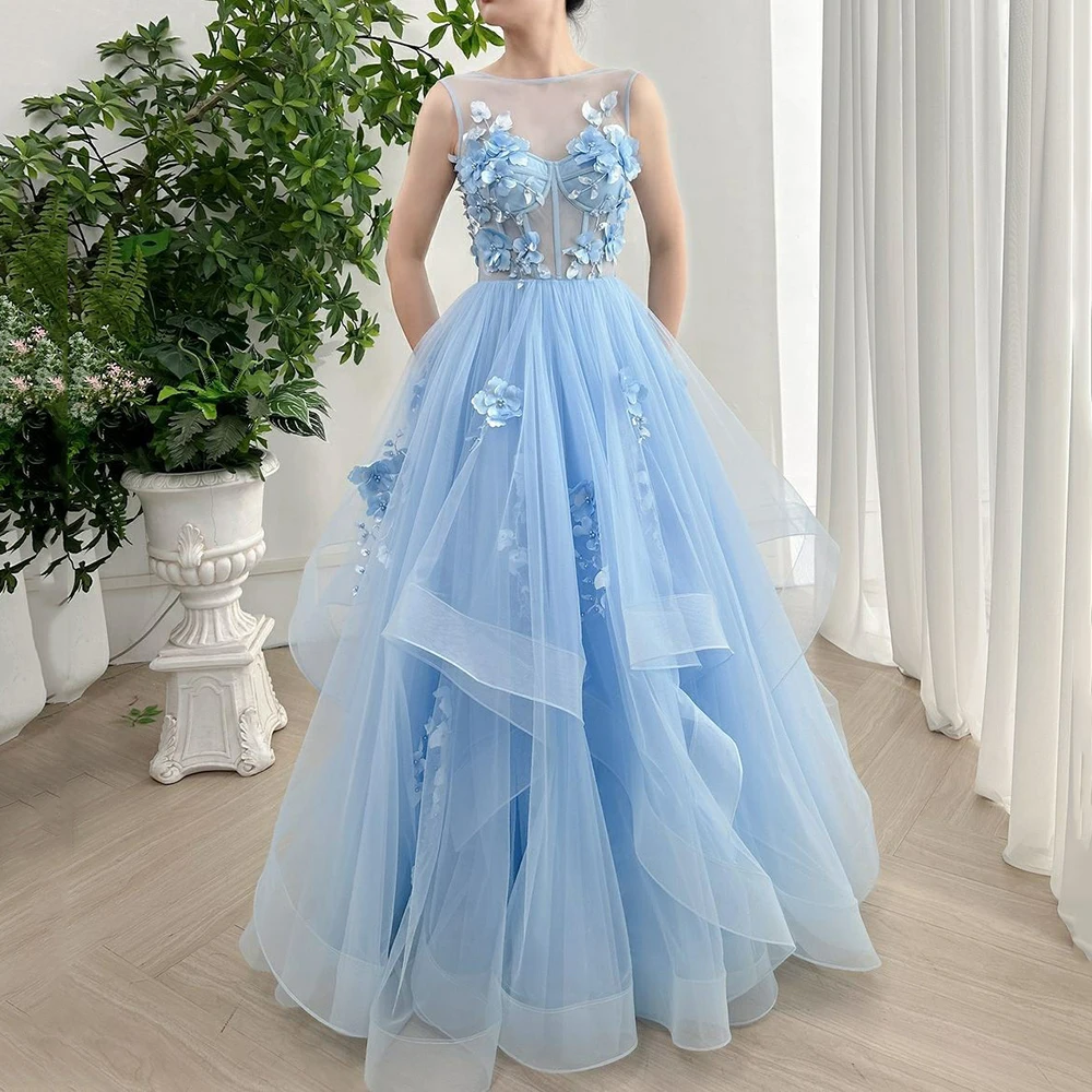 

OEING Sky Blue Princess Prom Dresses Elegant Long Layered Gowns Formal Evening Gowns Tulle Lace 3D Appliques Party Dress