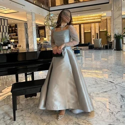 Yipeisha Simple Sparkly silver Satin Evening Gowns Spaghetti Square Collar Draped Pleat A-line Ankle Length Formal Pageant Dress