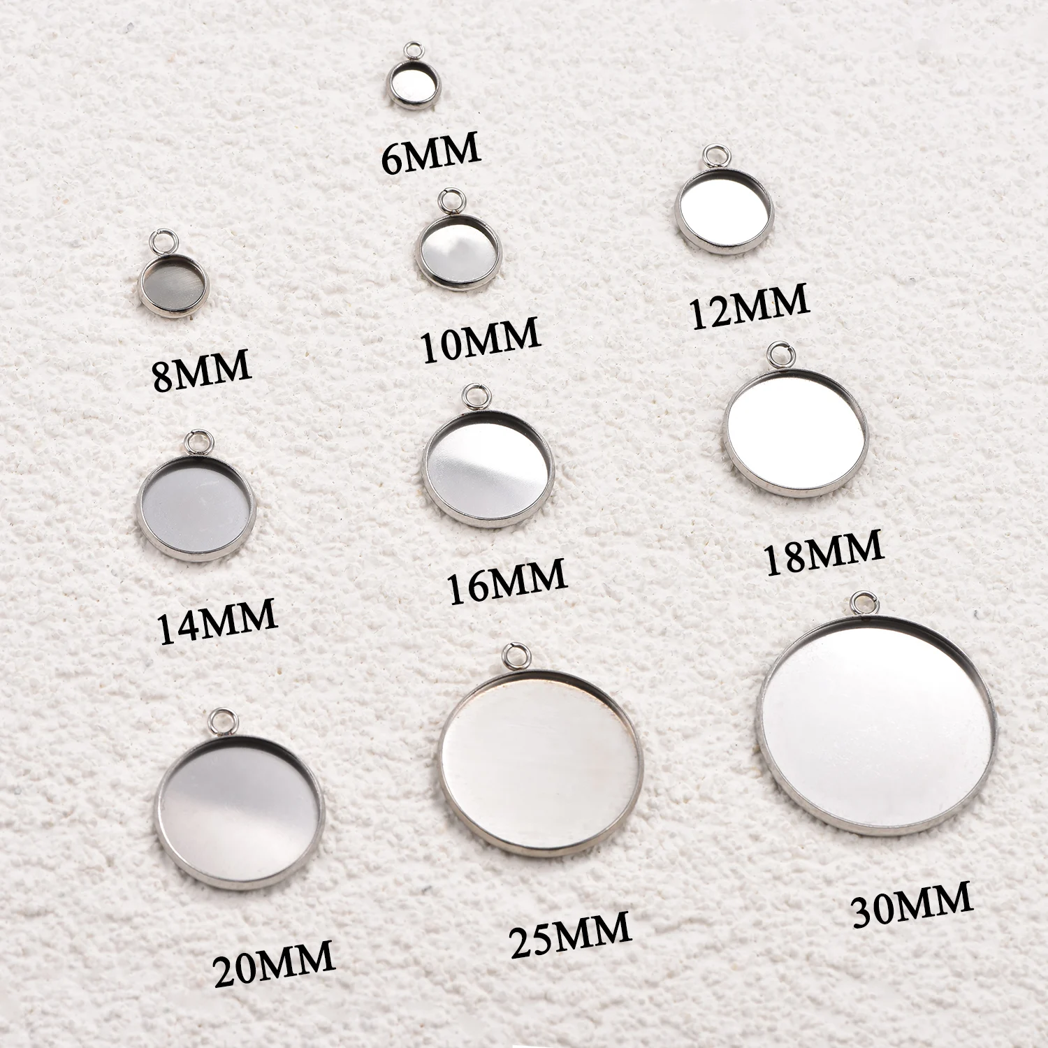 Runde Schalenfassungen aus Edelstahl, 20 Stück, 6-30 mm, leere Cabochon-Basen für Halsketten, Ohrringe, DIY-Schmuckzubehör – Detail 2