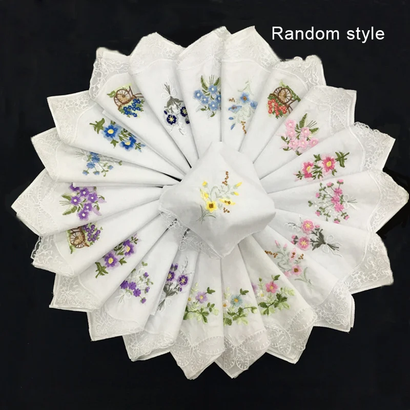 Pure Cotton White Lace Sweat Wiping Handkerchief Single Angle Flower Embroidery Ladies Napkin Household Tableware Multicolor