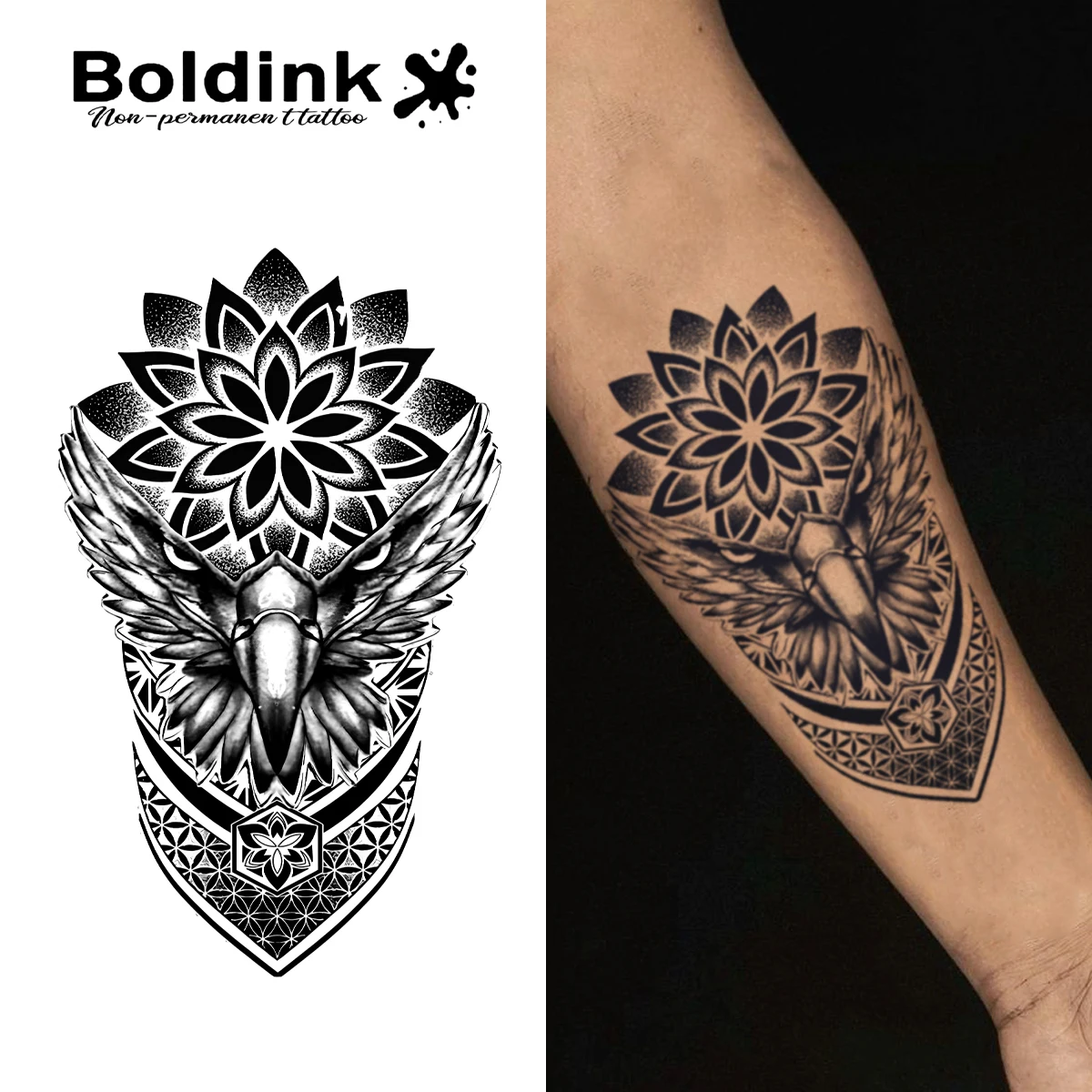 BOLDINK Lotus Eagle Totem Tattoo Sticker Unique Style Trendy Decoration Long-Lasting Color Waterproof Sweat Proof Body Art Decal