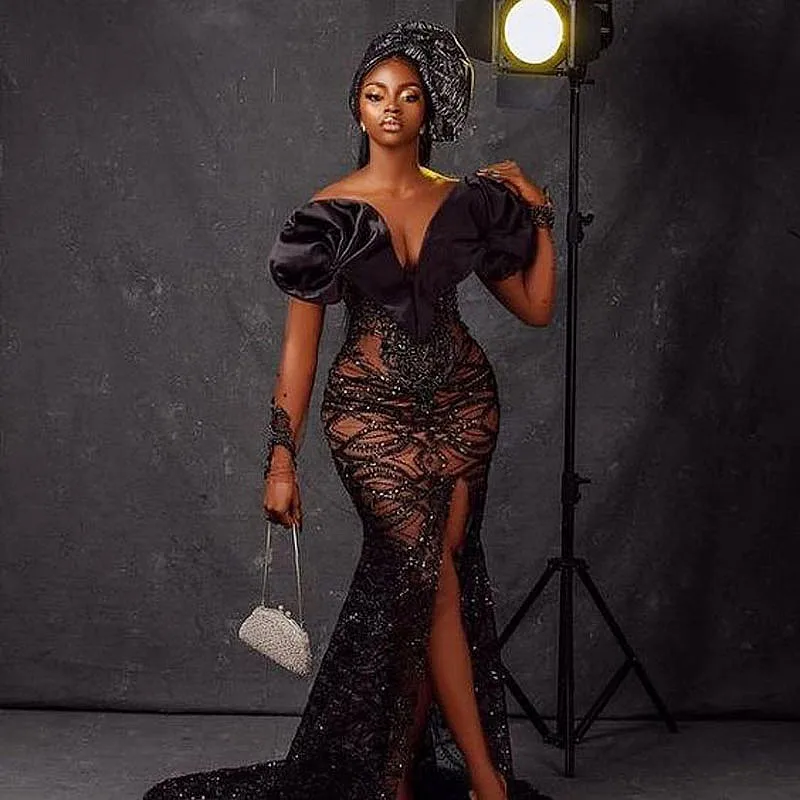 

Sexy South African Prom Dresses Mermaid Off The Shoulder Tulle Slit Black Girls Nigeria Robe De Soiree Evening Dresses Gown