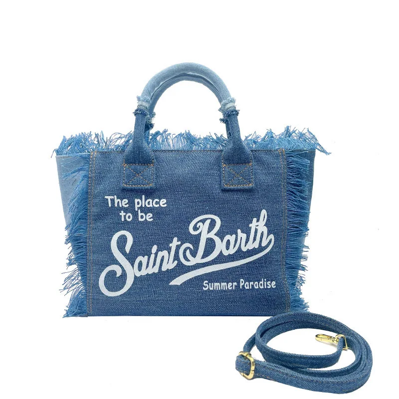 SAINT BARTH 2024 new crossbody bag, women\'s travel, solid color denim, small size, handmade tassel handbag, tote bag