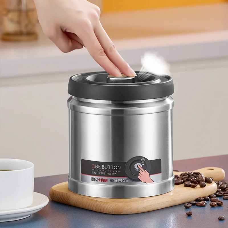 Vacuum Sealed Jug Coffee Beans Stainless Steel Airtight Container Food Grains Keep Fresh Storage Jar Kitchen Accessories