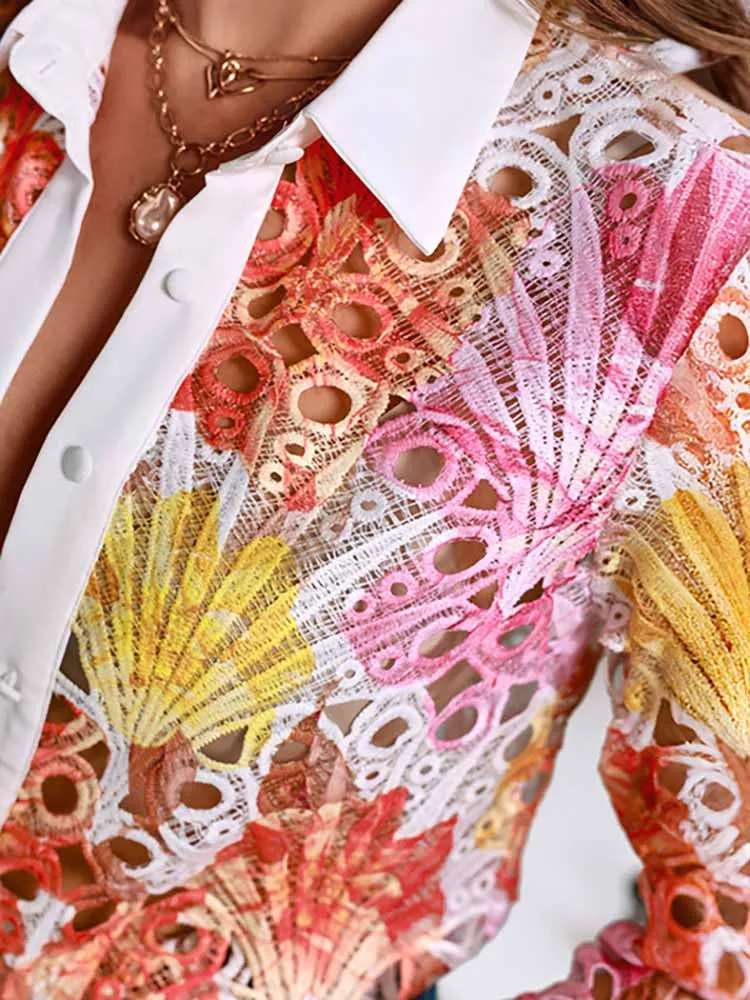 

Women's Fashion Lapel Collar Button Commuting Blouse 2025 Casual Long Sleeve Loose Tops Autumn Sexy Embroidery Hollow Out Shirt