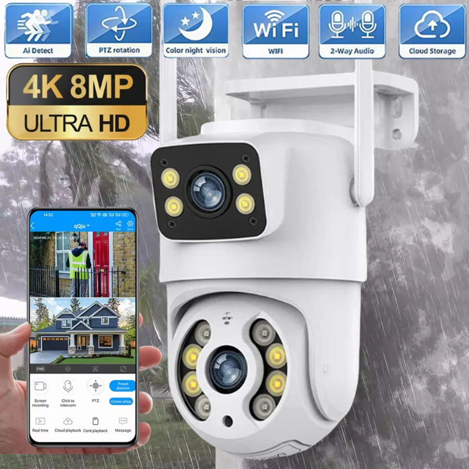 

8-мегапиксельная 4K Wi-Fi IP-камера PTZ с двумя объективами и двойным экраном, ручное обнаружение, полноцветная камера ночного видения, наружная камера наблюдения