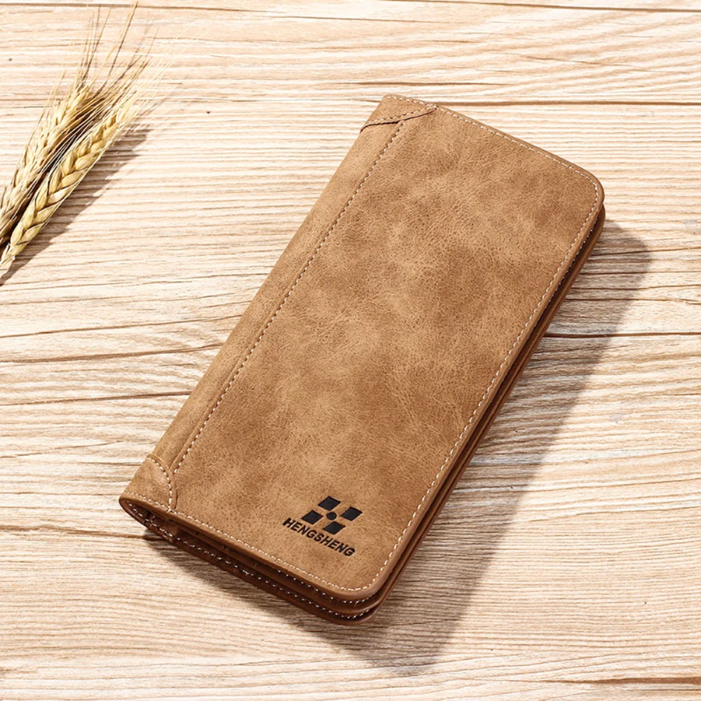 Cartera larga Vintage para hombre, tarjetero delgado de cuero genuino, gran capacidad, bloqueo RFID, monedero de estilo coreano para hombre