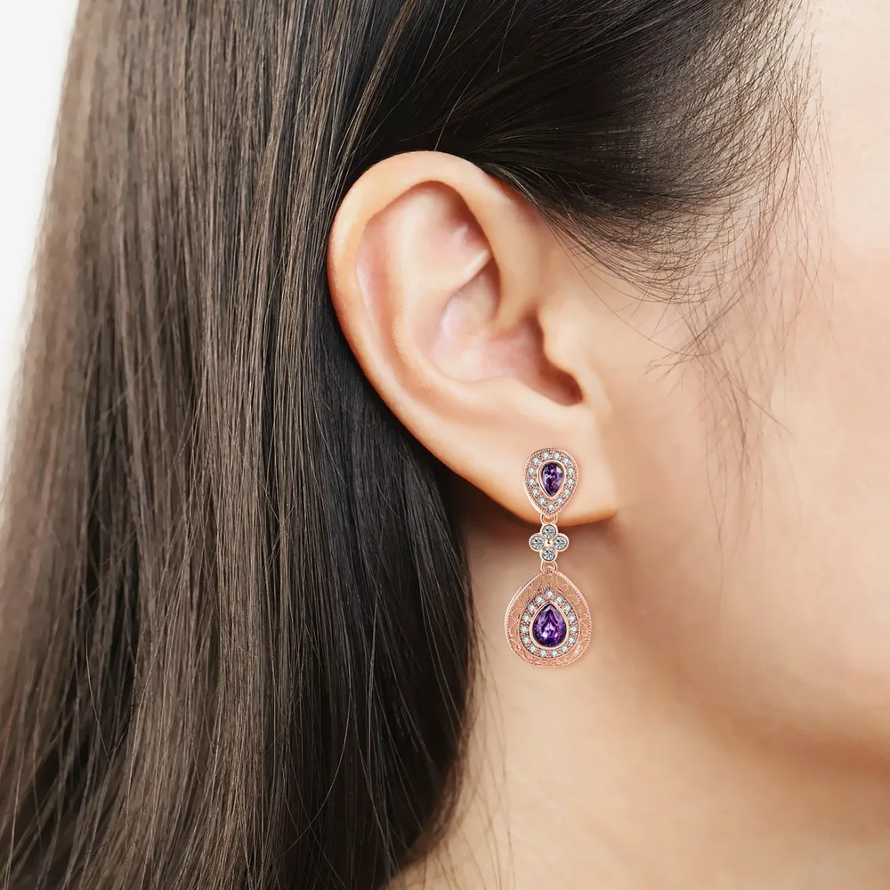 Vintage Luxury Crystal Waterdrop Drop Earrings For Women Exquisite Hollow Out Purple Rose Gold Color Fashion Ear Jewelry E450