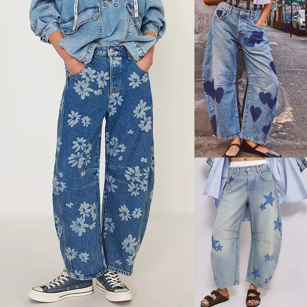 

Jeans Cross Pants Women 2025 Streetwear Print Denims Mid Waist Washed Distressed Pockets Vintage Denim Ankle Length Trousers