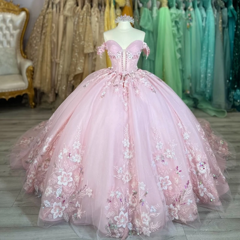 

Pink Shiny Quinceanera Dresses Off The Shoulder Applique Lace Beading Crystal Party Birthday Sweet 16 Dress Vestidos De 15 Anos