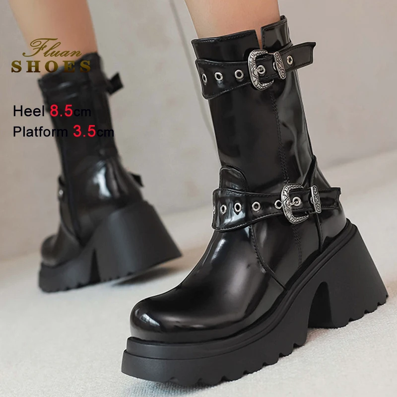 

New Fall Winter Black Women's Mid-Calf Boots Round Toe Thick Heels 8.5cm Platform 3.5cm Side Zipper Belt Clasps Boots Size 35-45