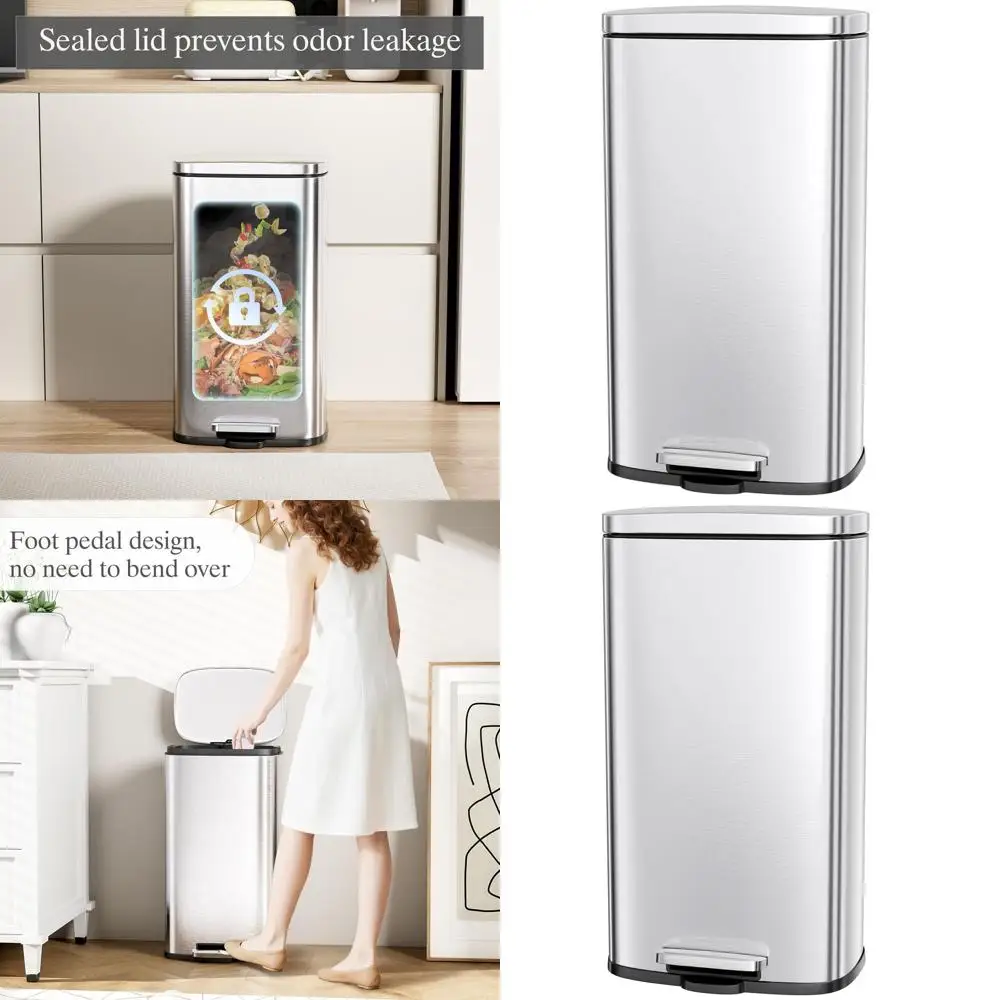 

8-галлонная мусорная корзина из нержавеющей стали с откидной крышкой и съемным ведром для кухни, ванной комнаты и домашнего использования (серебристая)