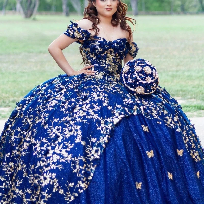 Royal Blue Puffy Princess Quinceanera Dresses 2024 Off Shoulder 3D Floral Bow Gillter Sequins Lace-up Corset Vestidos 15 años