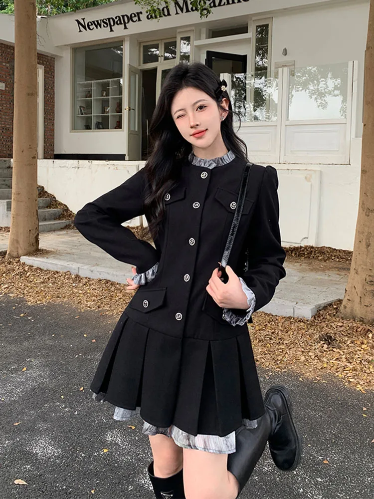 Formal Occasion Black Turtleneck A-Line Dress Japanese Fashion Luxury One-Piece Frocks Office Lady Streetwear Gothic Coquette