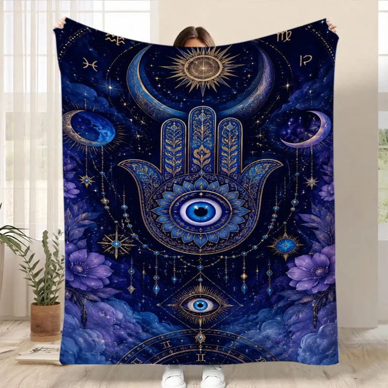 Deep Blue Starry Hamsa Hand Moon Fleece Blanket For Mystical Bedroom Decor Lightweight Plush Throw Blanket Accent