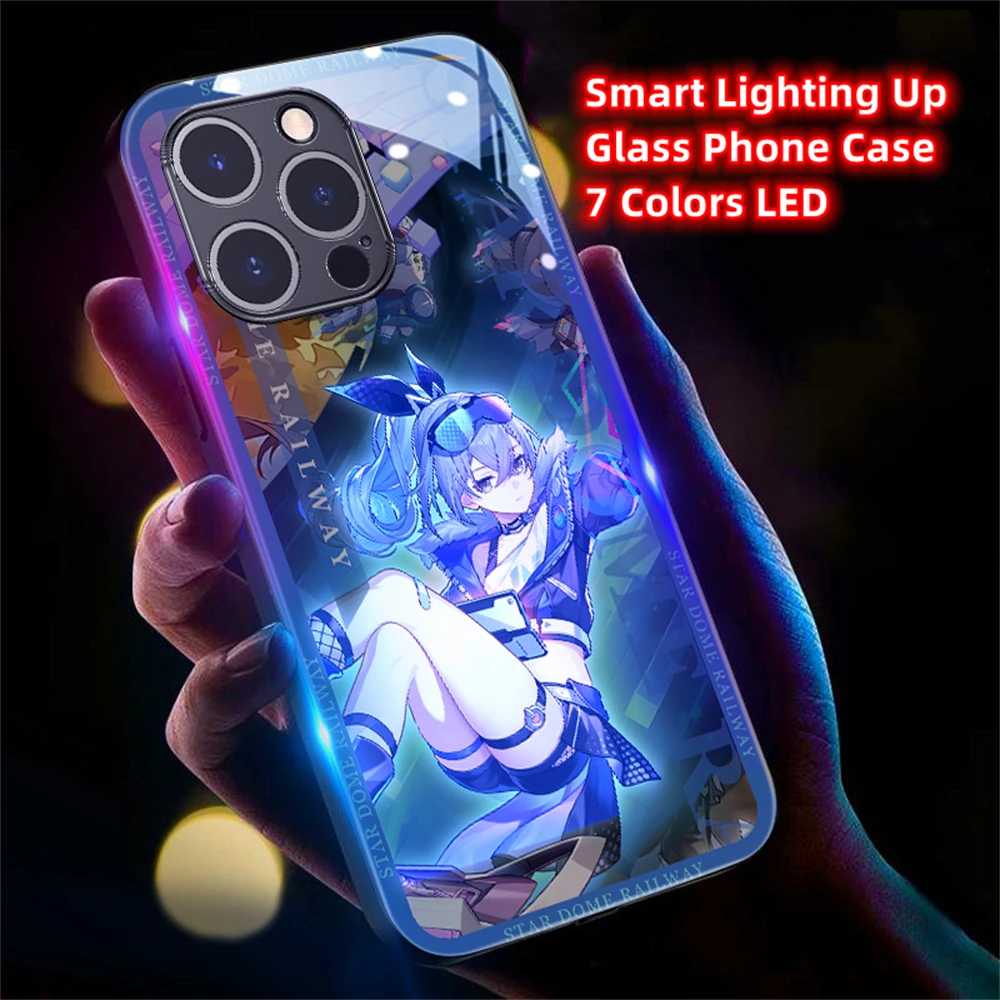 

Honkai Game Luminous Tempered Glass Phone Case LED Backlight Cover For iPhone 15 14 13 12 11 Pro Max XR XS Plus 6 7 8 SE2020