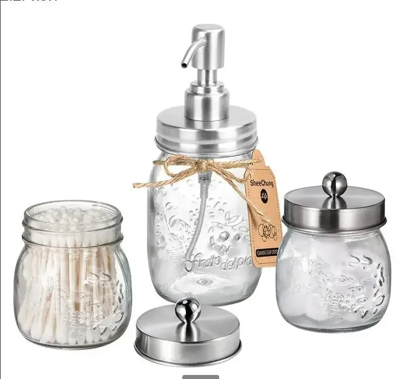

Glass Bathroom Set Lotion Bottle Hand Sanitizer Cotton Can Stainless Steel Cover Home Storage Soap Dispenser