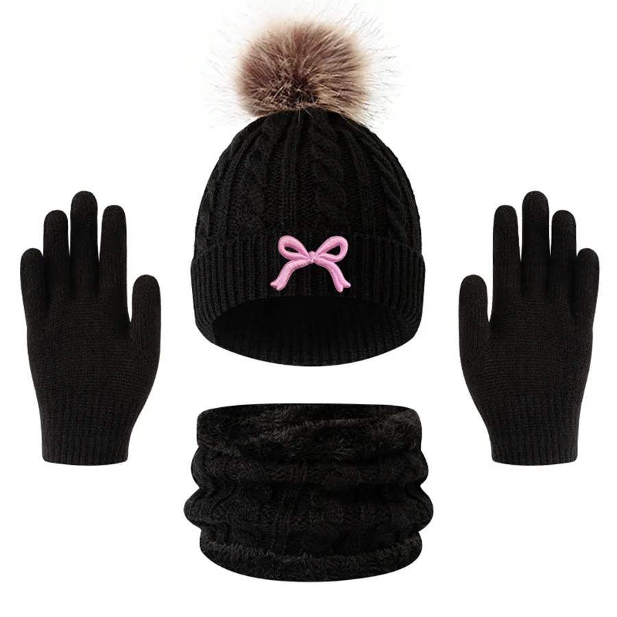3pcs Fashionable Winter Knitted Hat Scarf Gloves Set Cute Bow Design Warm Fleece Lined Comfortable For Christmas Gift