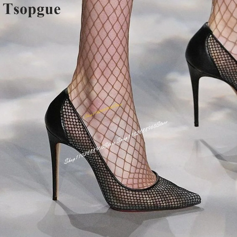 

Trendy Catwalk Black Net Splicing Pumps Thin High Heel Shoes For Women Slip On Pointed Toe 2024 Fashionable Zapatos Para Mujere