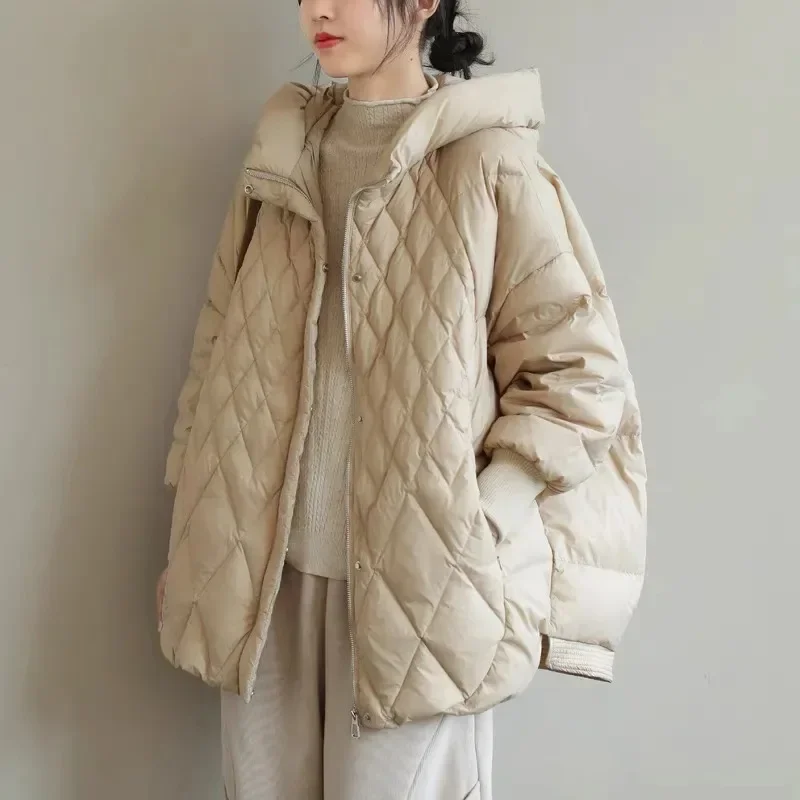 New White Duck Down Down Jacket for Women\'s Hooded Large Diamond Plaid Artistic Loose Fit Large Size Medium Length Jacket