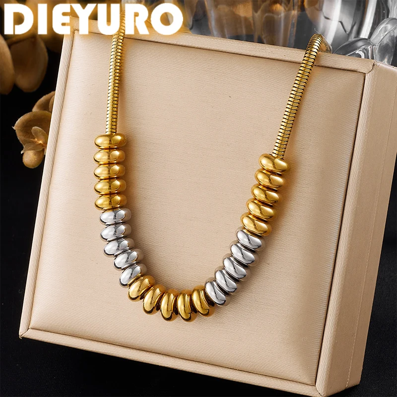 DIEYURO 316L Stainless Steel Two Tone Gold Silver Beaded Snake Chain Choker Necklace Lady Fashion Classic Neck Chain Jewelry