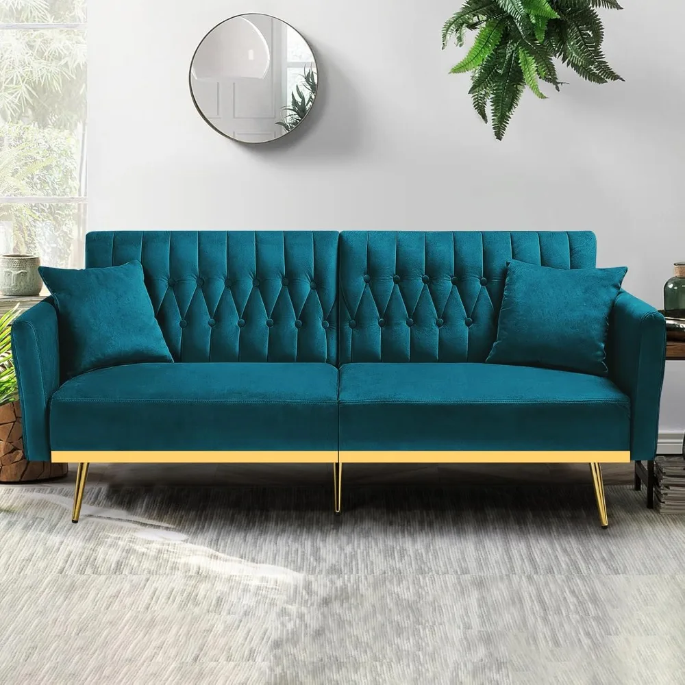 70” Velvet Futon Sofa Bed with Adjustable Arms and Backrest, Convertible Futon Sofa with 2 Pillows, Teal